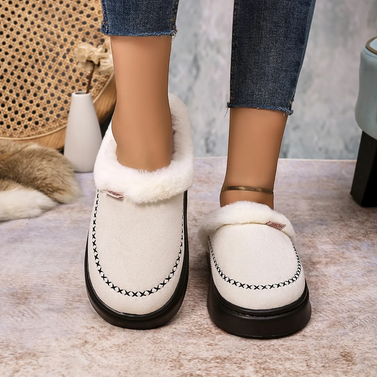 Women's Minimalist All-Match Cross-Stitched Faux Suede Closed-Toe Slippers, Soft Plush Fur Trim, Skin-Friendly Heat-Retaining, T