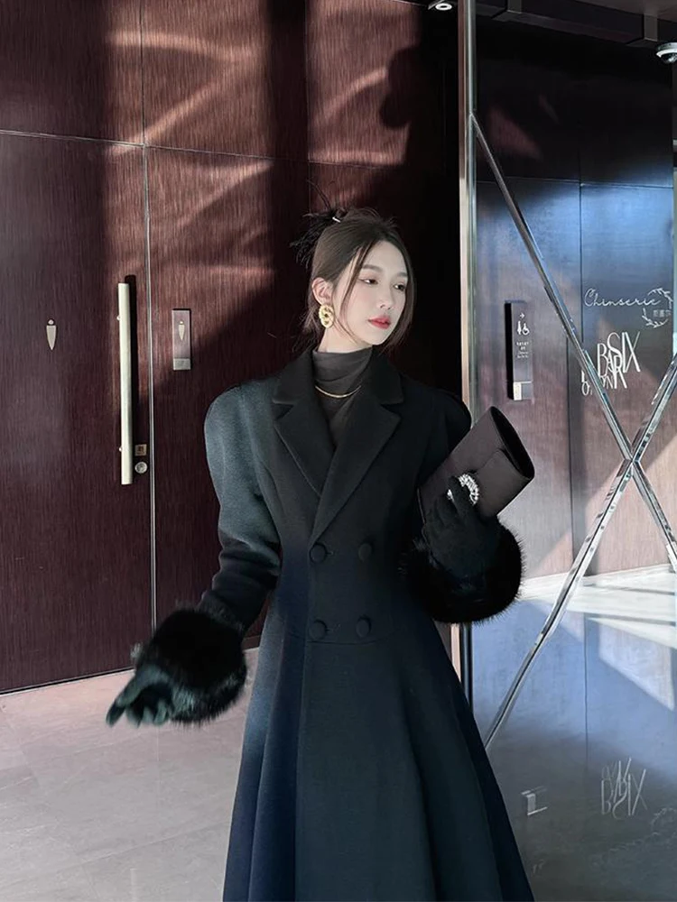 plus Size Woolen Coat Women's Winter Thickened Medium Length Korean Style Double Breasted Button Black Suit Jacket Coat