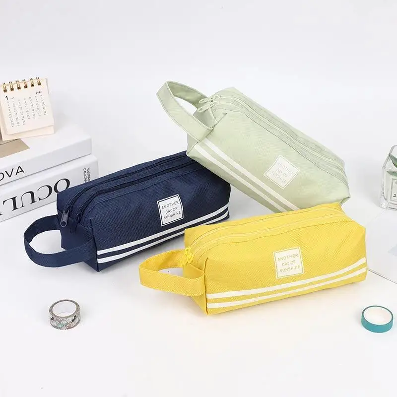 Oxford Cloth Pencil Case Large Storage Double Zippers: Portable Handle Students School Office Daily