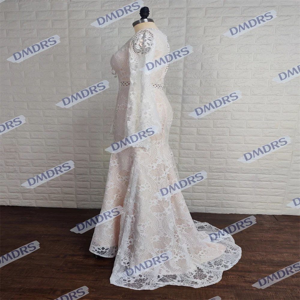 Klassieke Flare Mouw Lange Mouw Bruid Gewaad Sexy Diepe V-Hals Bruidsjurk Elegante Kanten Lange Trouwjurk Robe De Mariée