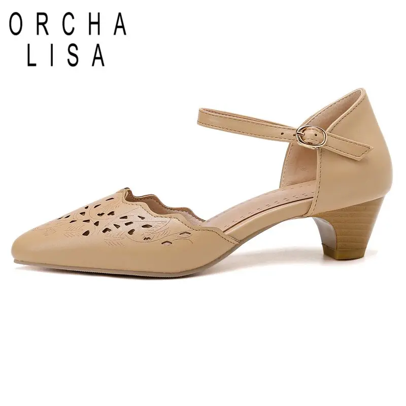 

ORCHA LISA 2025 Summer Mary Janes Female Sandals Pointed Toe Block Heels 4cm Buckle Strap Plus Size 46 47 48 Sweet Daily Shoes