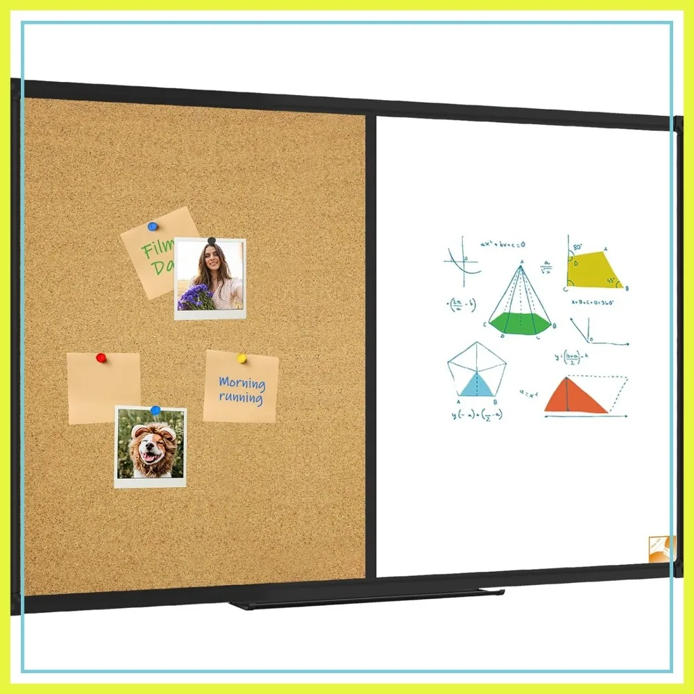 

48x36 Magnetic Whiteboard & Corkboard Combo, Dry Erase Board with Black Aluminum Frame, 10 Push Pins & Marker Tray