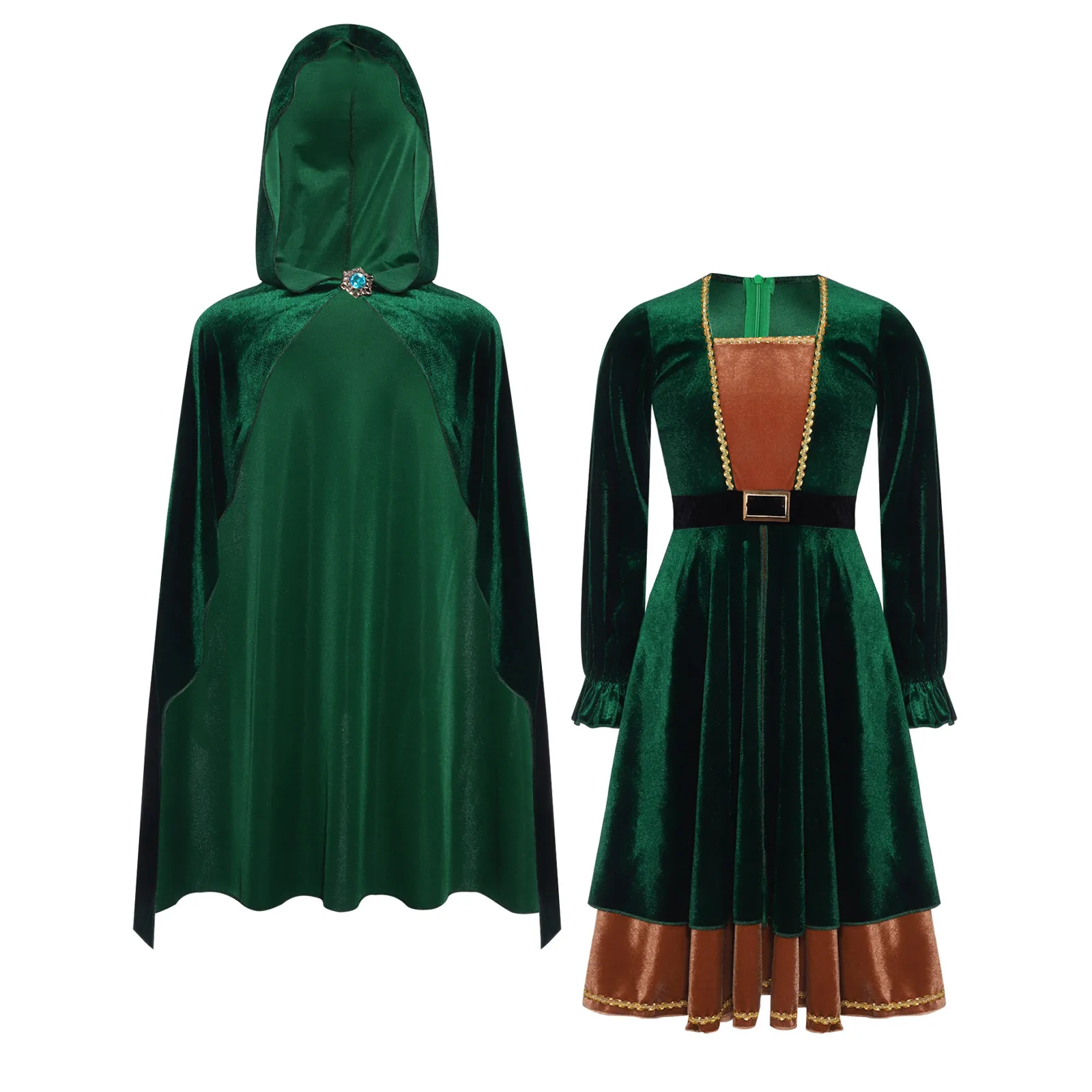 

Jungle Archer Velvet Dress with Hooded Cape Long Sleeve Gem Decor Dress Fairytale Hunter Halloween Cosplay Costume
