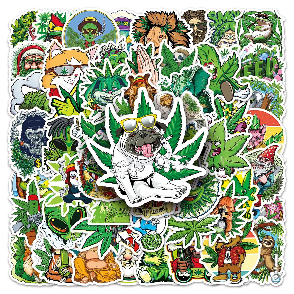10/30/50/100PCS Funny Hemp Leaf Stickers Weed Smoking Cartoon Graffiti Waterproof Suitcase Luggage Guitar Skateboard Decals Toy