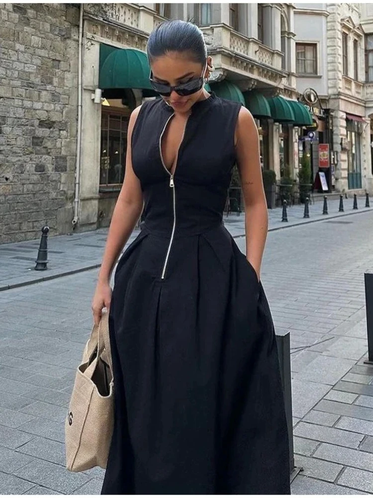 Y2K Abito estivo maxi aderente da donna con zip frontale e vita smockata, abito formale senza maniche, pezzo di dichiarazione che gira la testa
