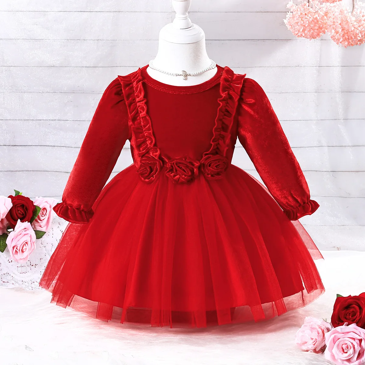 Summer 2023 New Arrivals Girls Long Sleeve Ruffles Flowers Red Cute Roupa Infantil Menina Cute Party Dress Custume 9M-5T