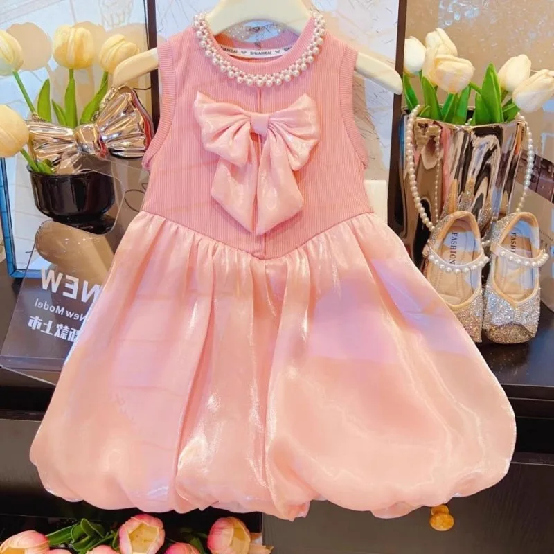 

Summer New Girls' Patchwork Dress, Fashionable Sleeveless Breathable Bow Princess Tank Dress for Young Girls