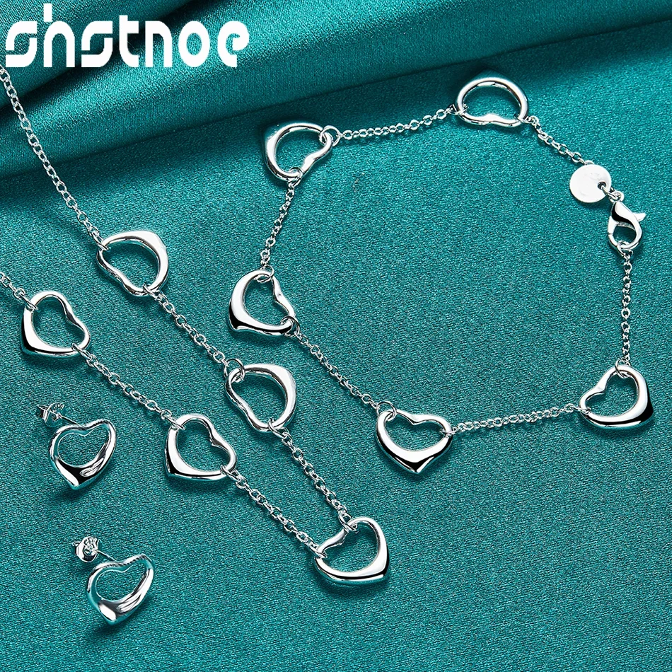 

SHSTONE 925 Sterling Silver Heart Chain Necklace Bracelet Earring Jewelry Sets For Woman Wedding Party Birthday Gifts