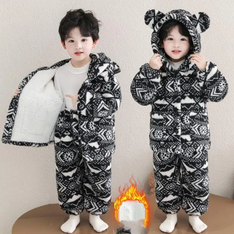 Winter Cotton-Padded Jacket Pants Two-Piece Set Boy Hoodie Tops Child Kawaii Fashion New Style Casual Homewear Pajamas Clothing