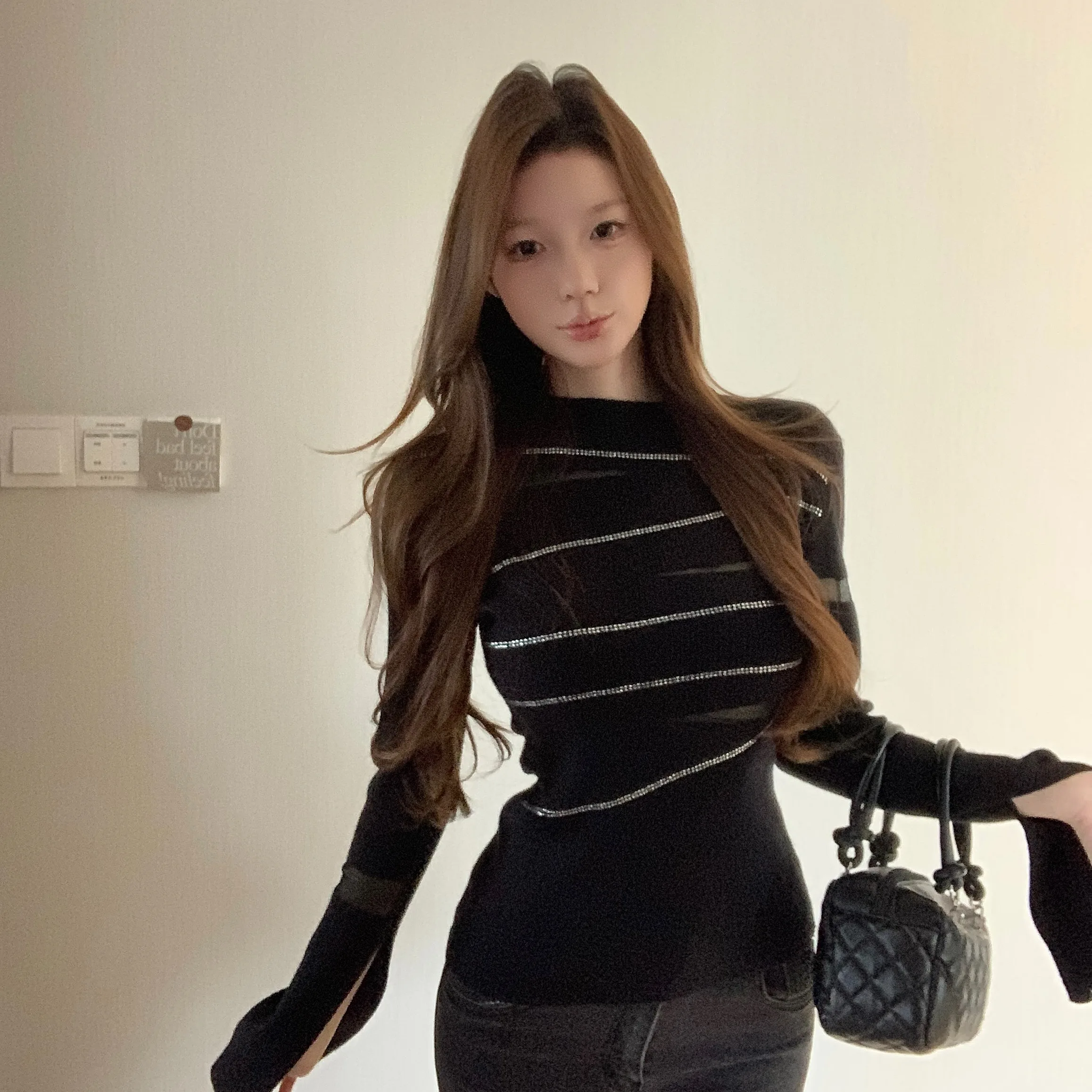 Einzigartiger Personali Sexy Strass Strickpullover Damen Faion Design Slim Fit Top Korean Sle Long Sve Color