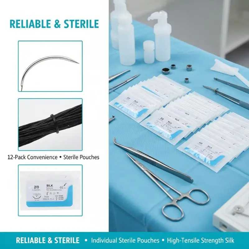 12PCS Surgical Suture Kit Dental Silk Needle Thread Medical Grade Practice Training for Educational Use