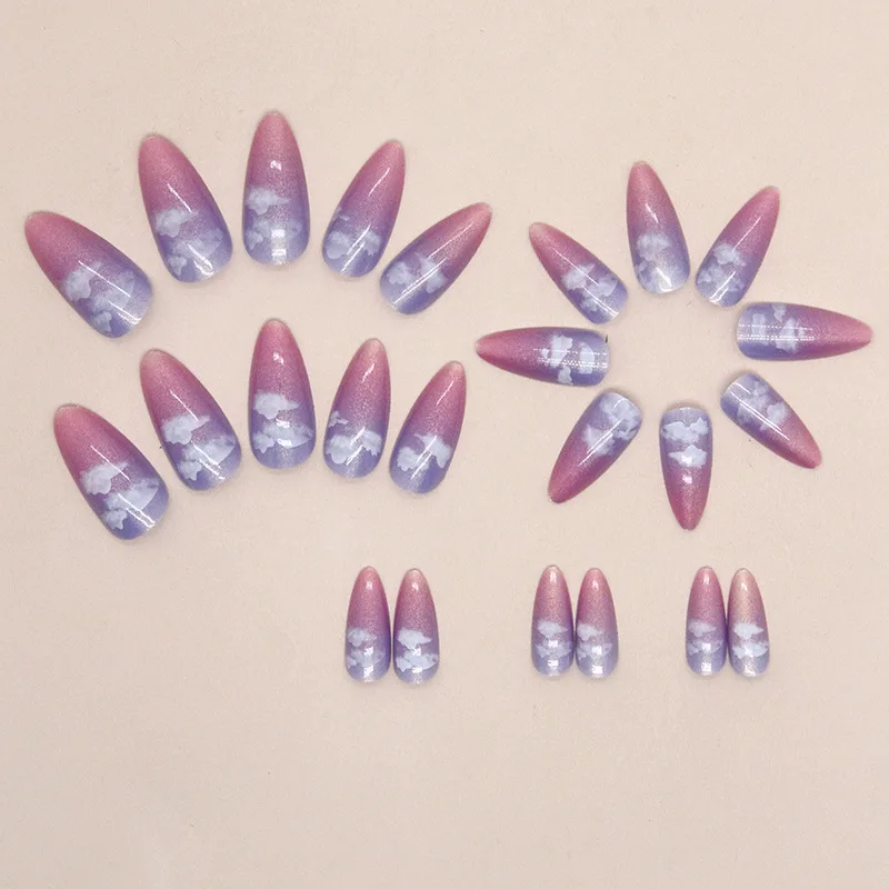 24pcs Dreamy Press-On Nails - Purple to Red Ombré With White Clouds Long Almond Fantasy Sky Style False Nails With Wearing Tools