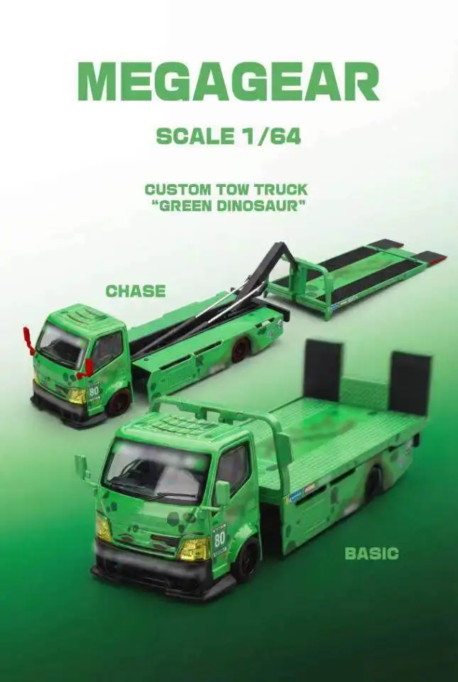 prevente-mega-gear-1-64-camion-de-remorquage-personnalise-dinosaure-rose-et-vert-avec-remorque-tout-terrain-edition-de-voiture-miniature-en-alliage-mg-collection
