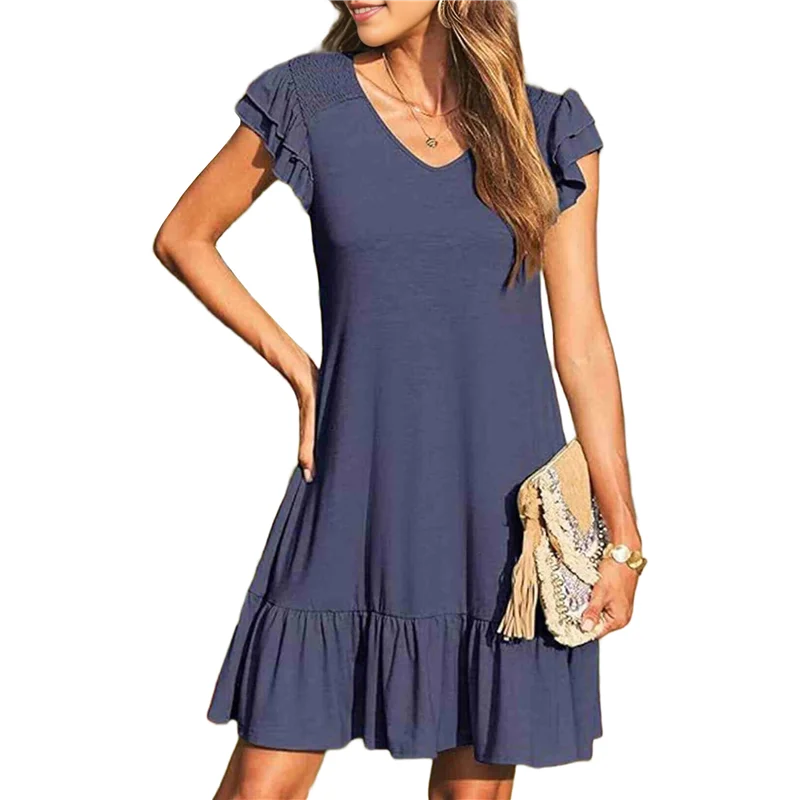 ASDS-Vestiti estivi da donna con volant manica corta smock scollo a V casual ampio a-line altalena mini abito prendisole