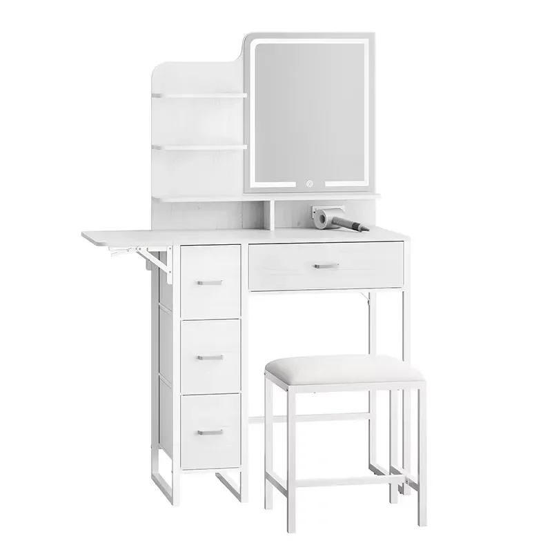 Lighted Makeup Vanity Desk with Mirror Multifunction Small Dressing Table with Drawer & Shelves & Fold-up Panel & Power