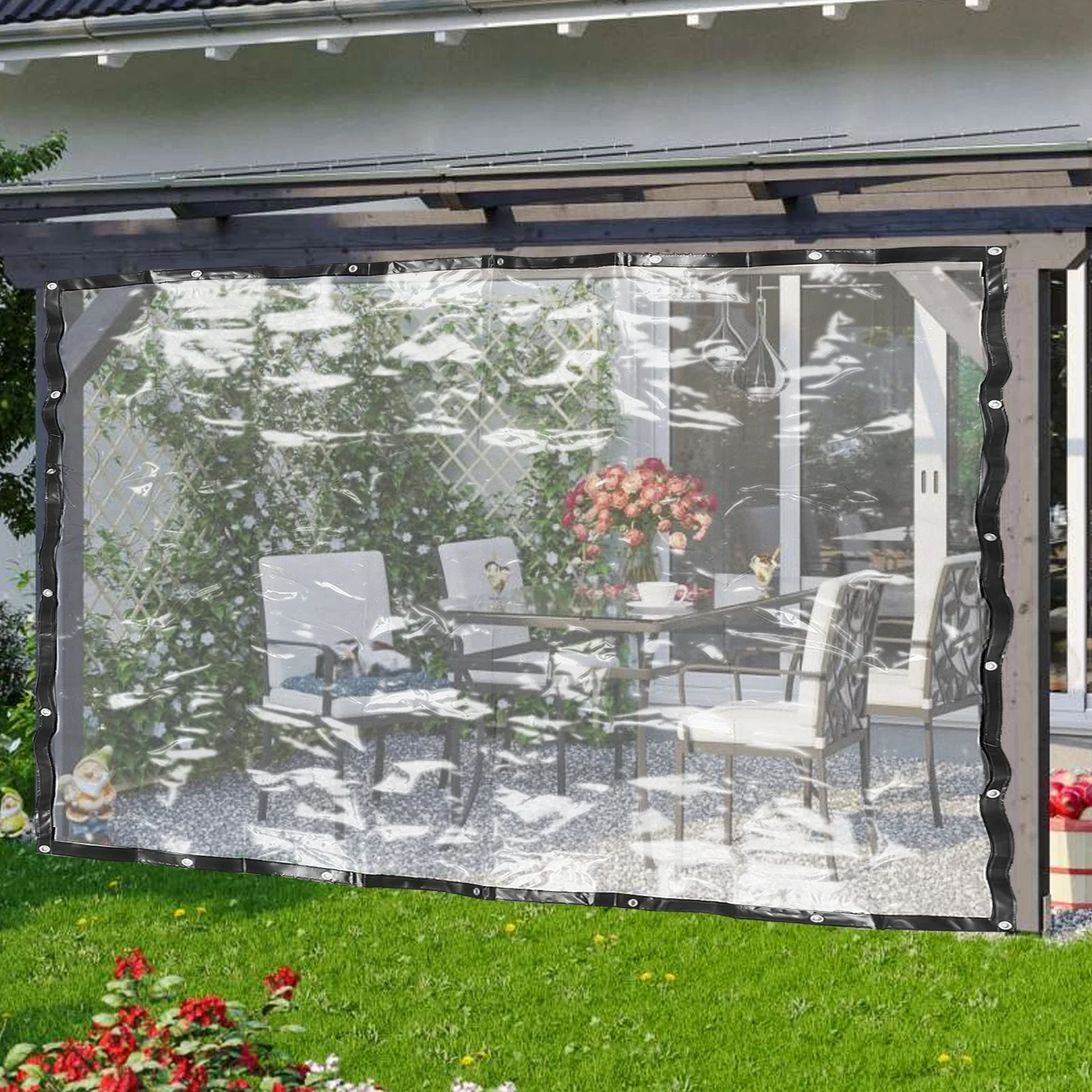 

PVC Rain Curtain with Black Trim 8x8ft Waterproof Outdoor Patio Cover, Heavy-Duty Transparent Tarp with Reinforced Sewn Edges