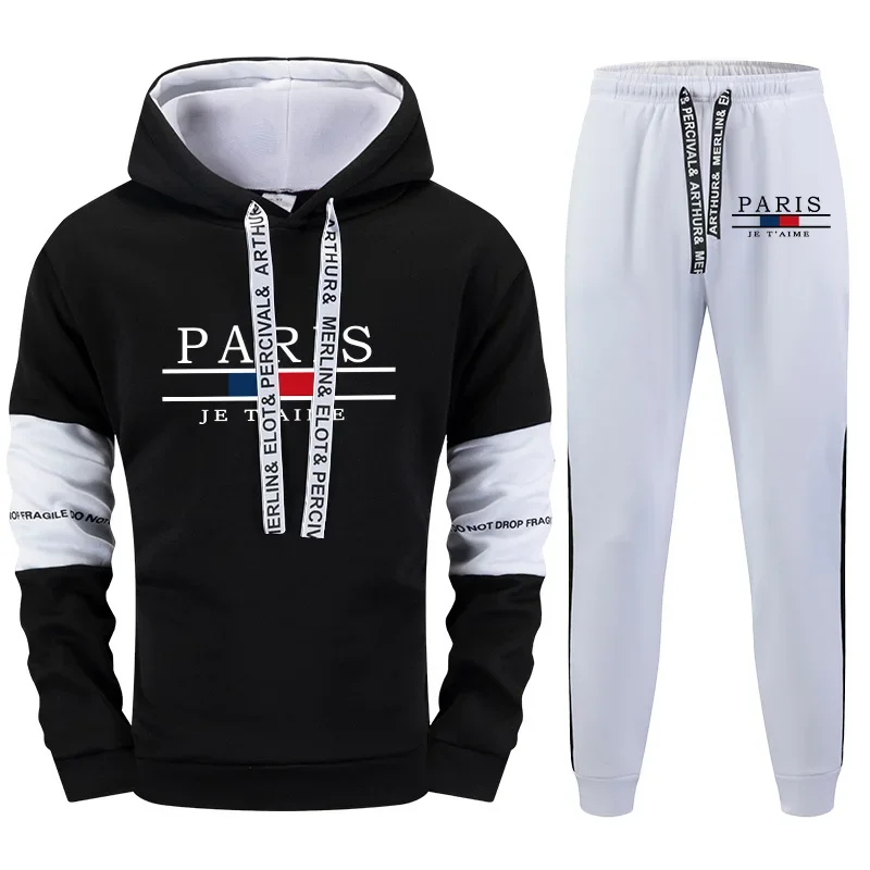 

Autumn Winter Men Tracksuit Printing Casual Hooded Sweatshirt+Sweatpants 2 Piece Set Luxury Black White Daily Commuting Clothing