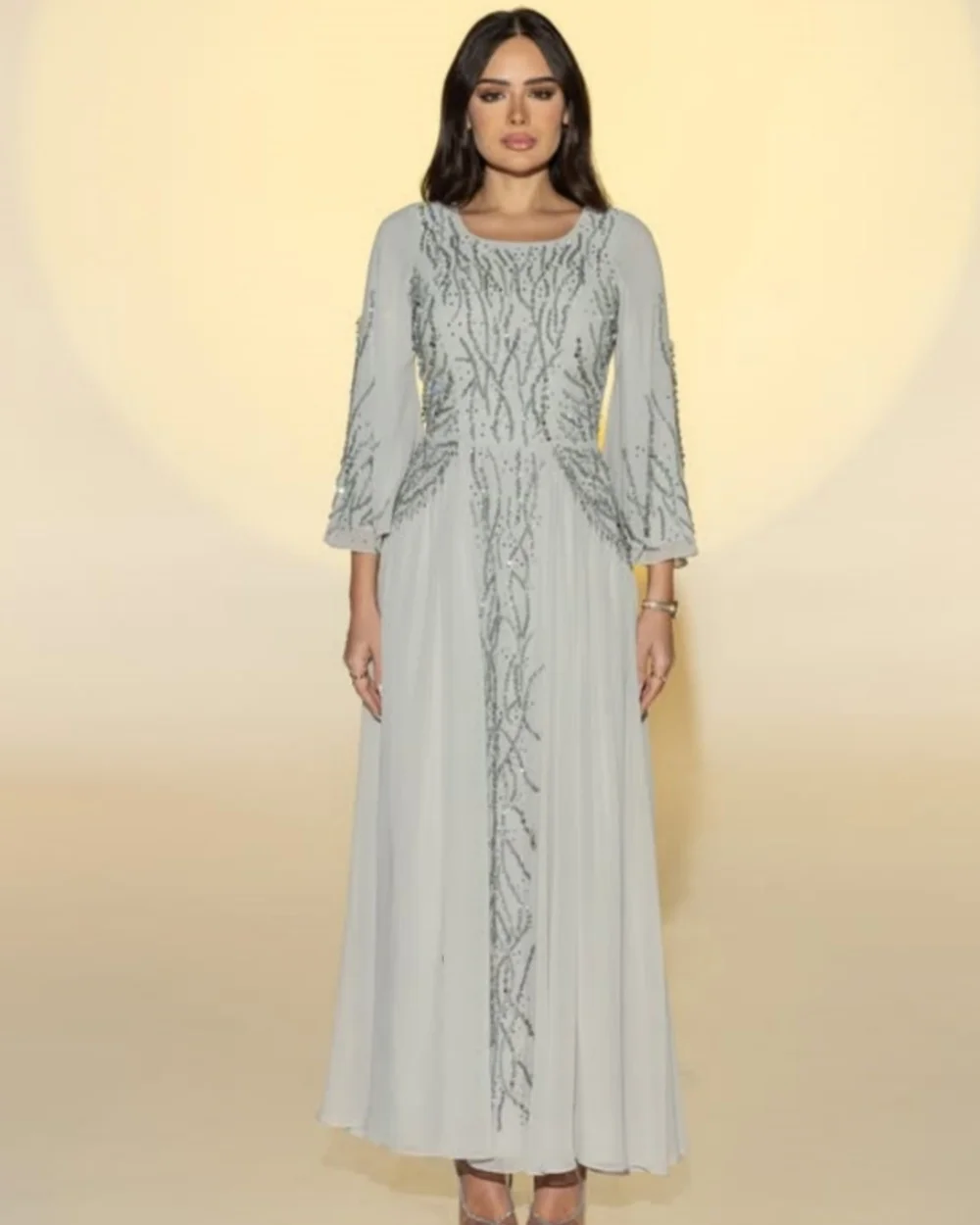 

Customized Modern Style Women Chiffon Beading Sequined A-line Evening Dresses Elegant O-Neck Long Sleeves Ankle Length Dresses