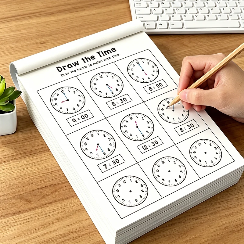 Cahier d'exercices sur les horloges, adapté aux activités de lecture de l'heure à l'école et à la maison, exercices d'apprentissage de la lecture et de la lecture de l'heure, cahier d'exercices de cognition des horloges pour les enfants de plus de 3 ans, cahier d'exercices de mathématiques pour la maternelle et la prématernelle