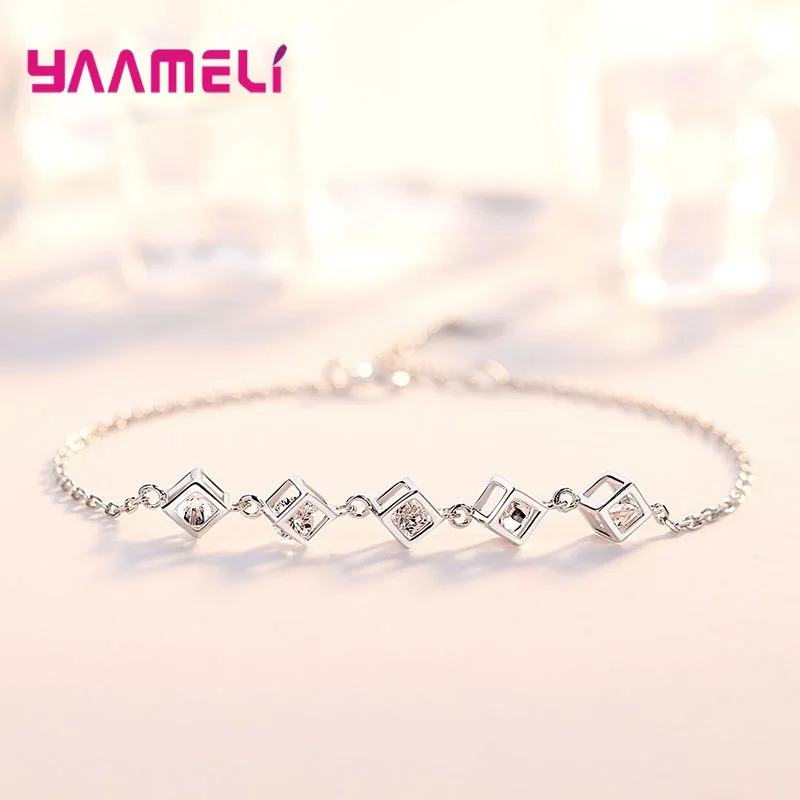 Top Sale Real Pure 925 Sterling Silver Jewelry Gift Set Cube Cubic Zircon Necklace/Earrings/Bracelet/Ring for Wedding Engagement