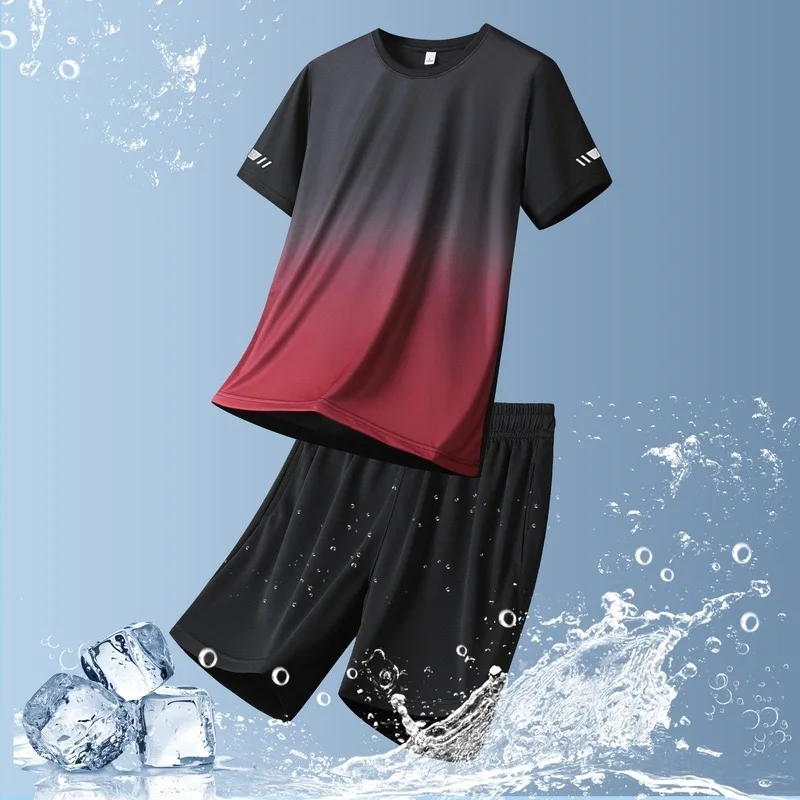 Summer New Short-sleeved Shorts Two-piece Set Ice Silk Quick Drying Couple Gradient Leisure Sports Set Net