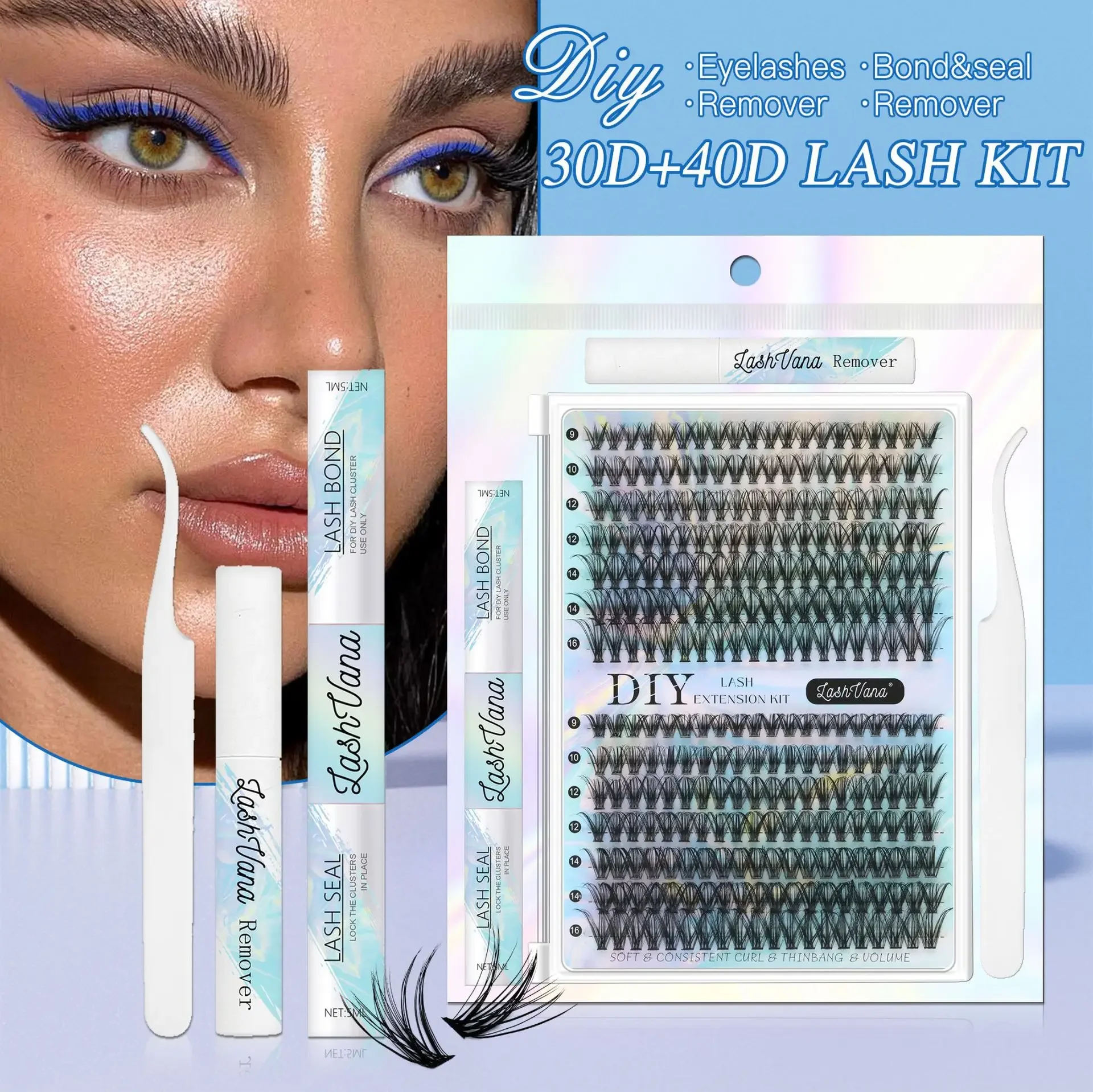 DIY Eyelash Extension Kit 30D/40D Wispy Fluffy Cluster False Eyelashes with Individual Lashes And Applicator Tools Fluffy Look
