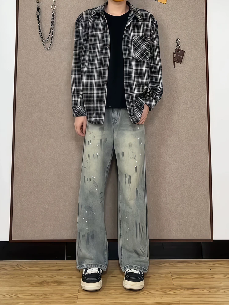 

Мужские джинсы в стиле ретро с эффектом потертости, с высокой талией, прямые, зауженные, повседневные, удобные, из эластичного денима