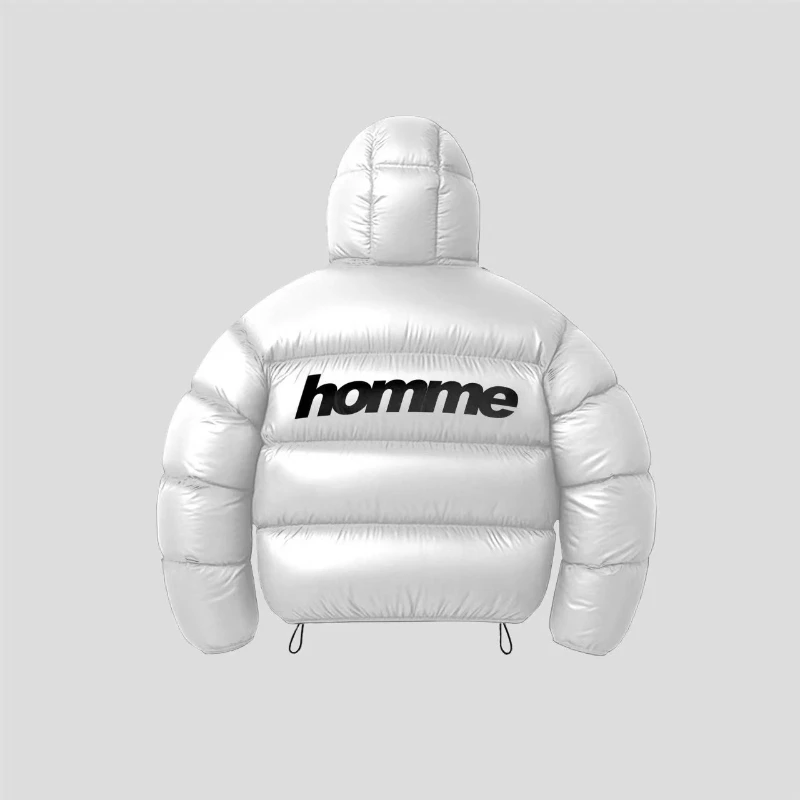 Men Shiny Puffer Jacket Back Homme Letter Print Hooded Down Coat Oversized Warm Winter Couple Bubble Coat Black White Unisex New
