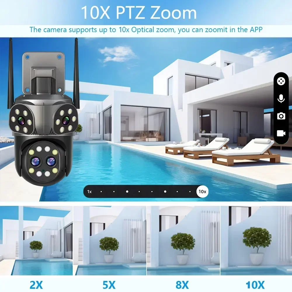 16MP 8K Wifi Surveillance Three-Screen 4-Lens 10X PTZ Zoom Outdoor Security IP Camera Color Night  Audio Bluetooth Connectivity