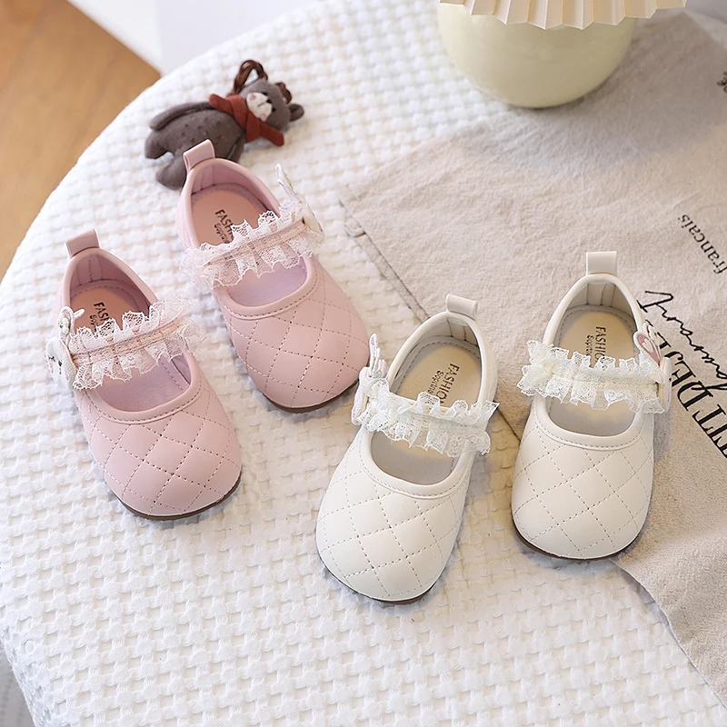 2026 New Kids'Casual Shoes PU Leather Fashion Solid Color Lace Spring Shoes for Girls Anti-slip Soft Bottom Pink White Shoes