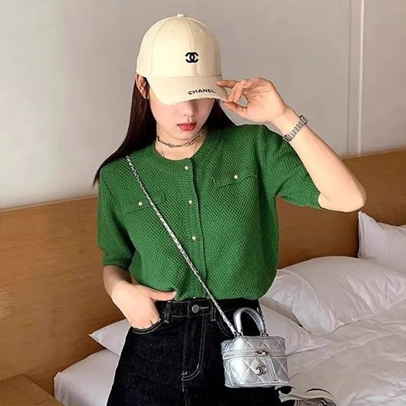 Women Clothing Fashion Knit O-neck Short Sleeve Top Summer Korean Version Short Dark Green Cardigan Loose Button Sweaters Shirts