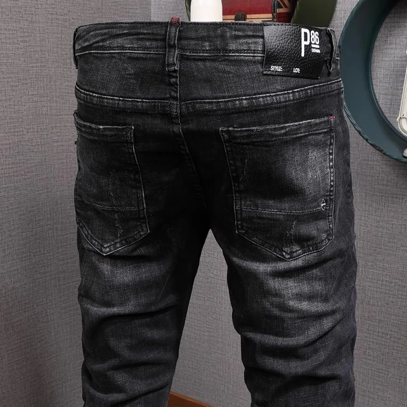 Fashion Vintage Men Jeans Retro Washed Black Gray Elastic Slim Fit Ripped Jeans Men Korean Style Designer Denim Pants Hombre
