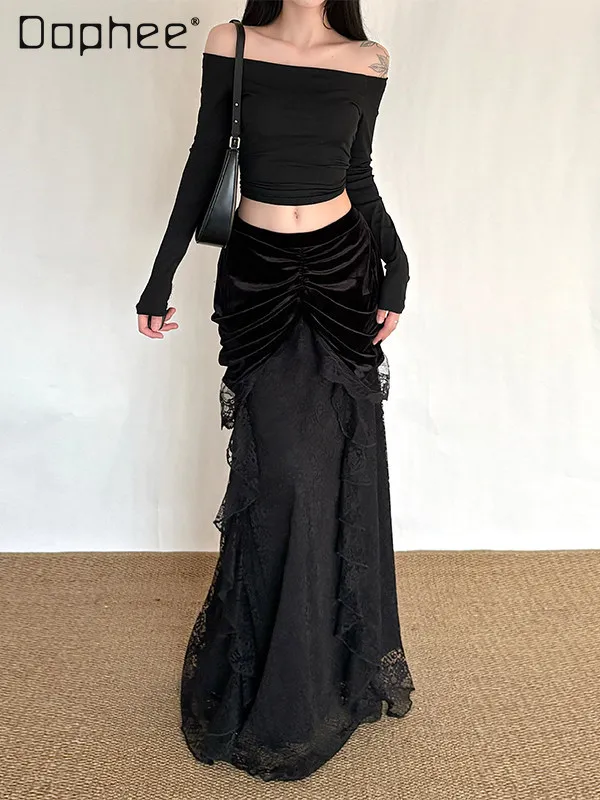 

Dark Gothic Lace Trim Velvet Mini Skirt Women Elastic High Waist Slimming Elegant Long Skirts Spring Hot Girl Y2K Sexy Skirt