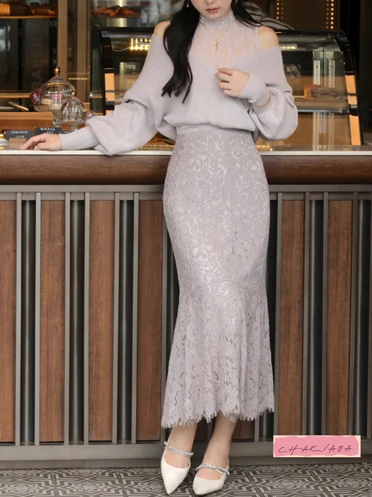 日本の秋冬の甘くてエレガントなハイウエストと薄いレースの透かし彫りフィッシュテールヒップを包み込むハーフボディロングドレス女性用