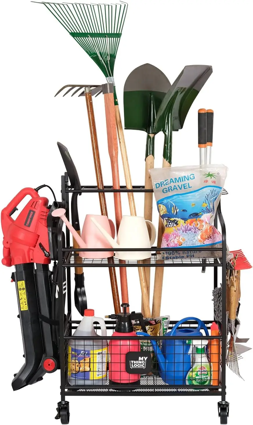 Rolling Garden Tool Organizer For Garage Heavy Duty Yard Tool Storage Rack Mobile Lawn Care Cart With Tool Slots Movable Hooks Storage Bins And Locking Wheels For Rakes Shovels Brooms Black