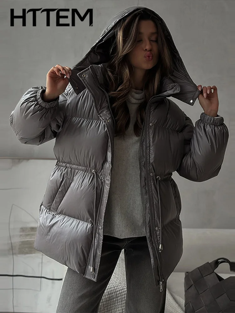 Women's Hooded Winter Jacket Warm Drawstring Waist Cinched Long Sleeve Zip Up Lady Padded Coat 2026 Fashion Lady Thick Parkas