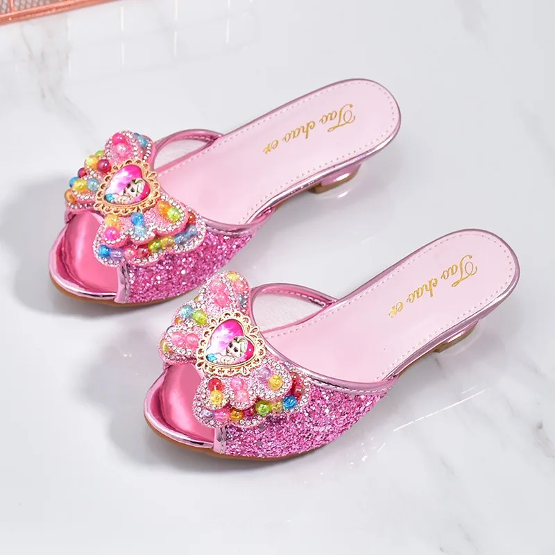 Girls High Heels Shoe Slippers Children Slippers Bow A Word Drag Sandals Soft Bottom Kids Party Wedding Performance Princes Shoe