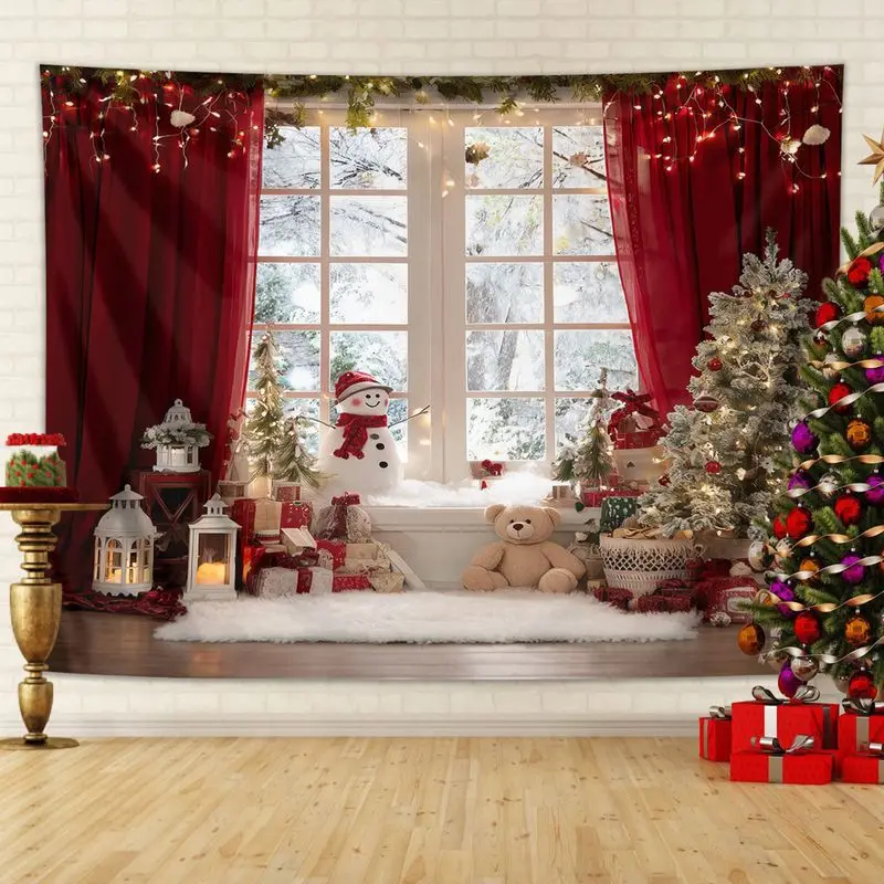 VIKAMA Red Curtain Snow Scene Christmas Tapestry, Dramatic Wall Art Background Cloth for Festive Living Room Decor