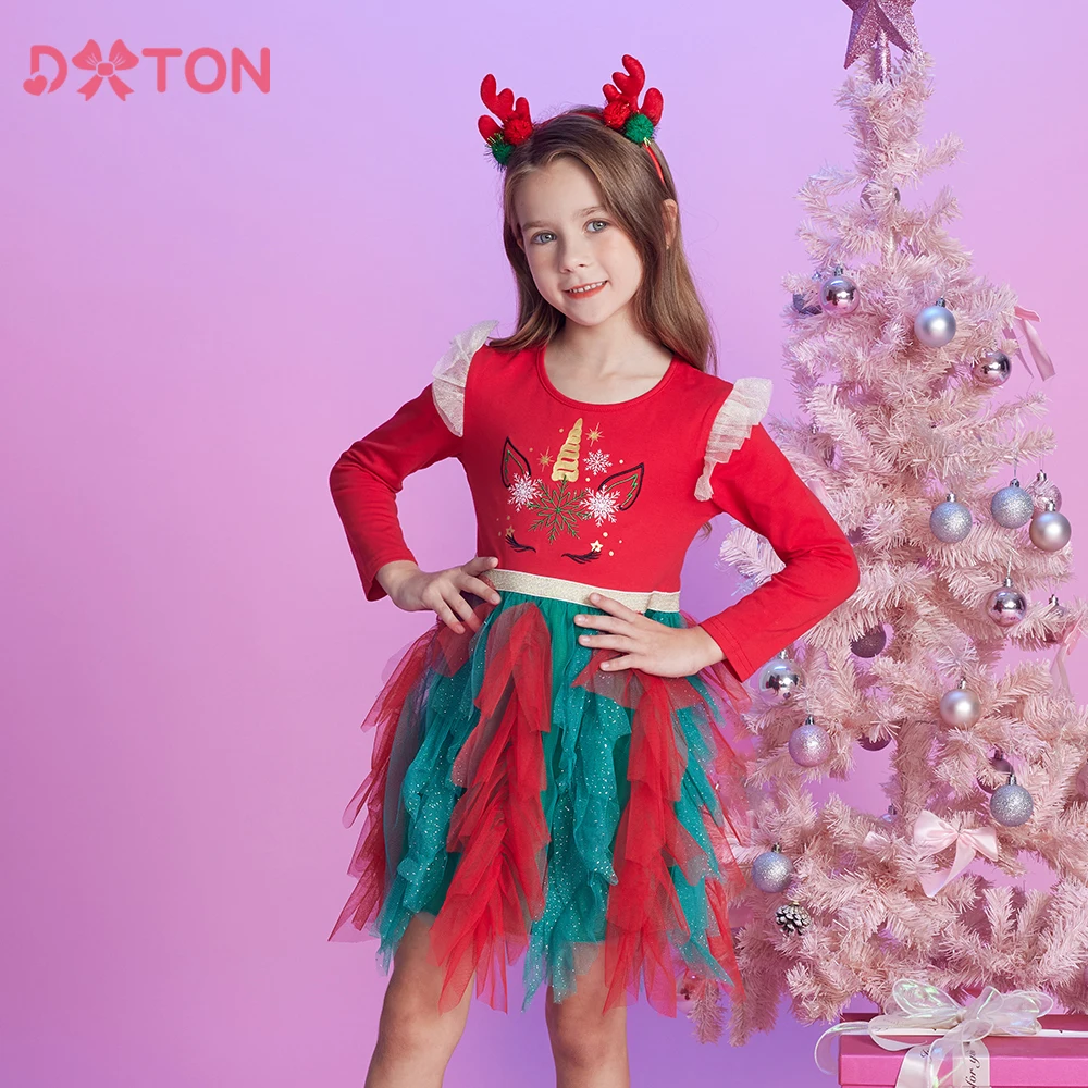 DXTON 2024 Festive Dress For Girls Winter Party Princess Dress Flying Sleeve Red New Year Kids Dresses Elegant Chidlren Costumes