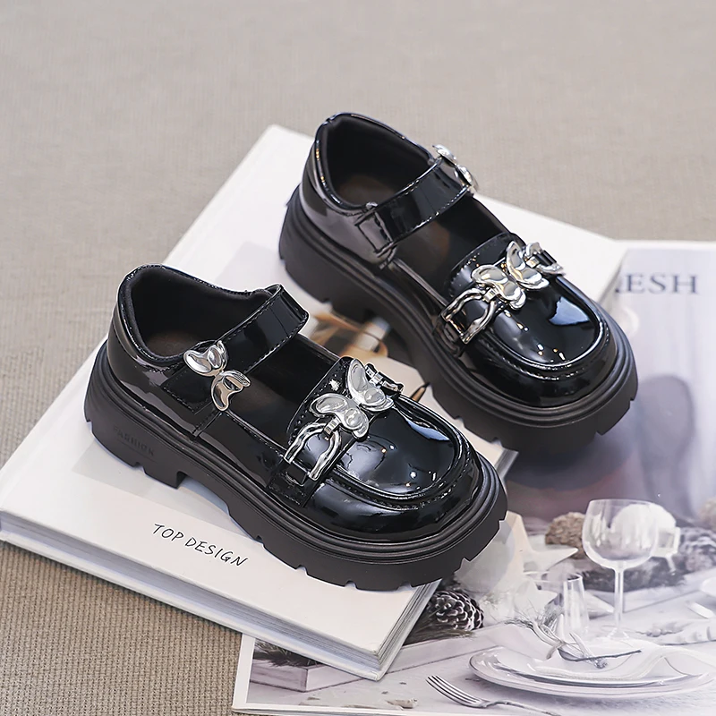 2026 Spring Autumn New Children's Leather Shoes for Girls Medium Big Kids Mary Janes Classic Fashion with Metal Butterfly Buckle