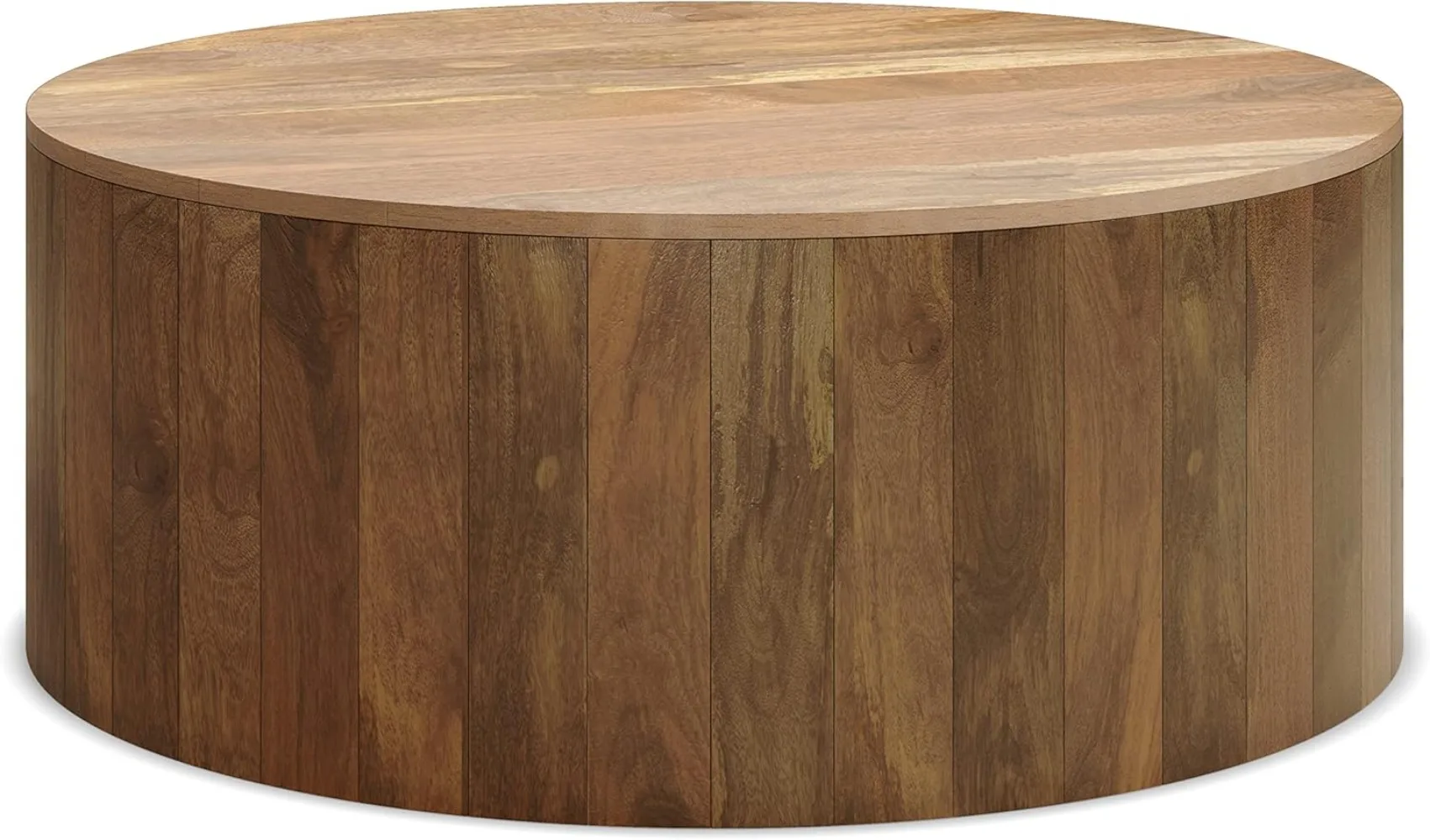 Millbury Solid Mango Wood 36 Inch Wide Round Modern Industrial Drum Coffee Table in Natural, Fully Assembled.