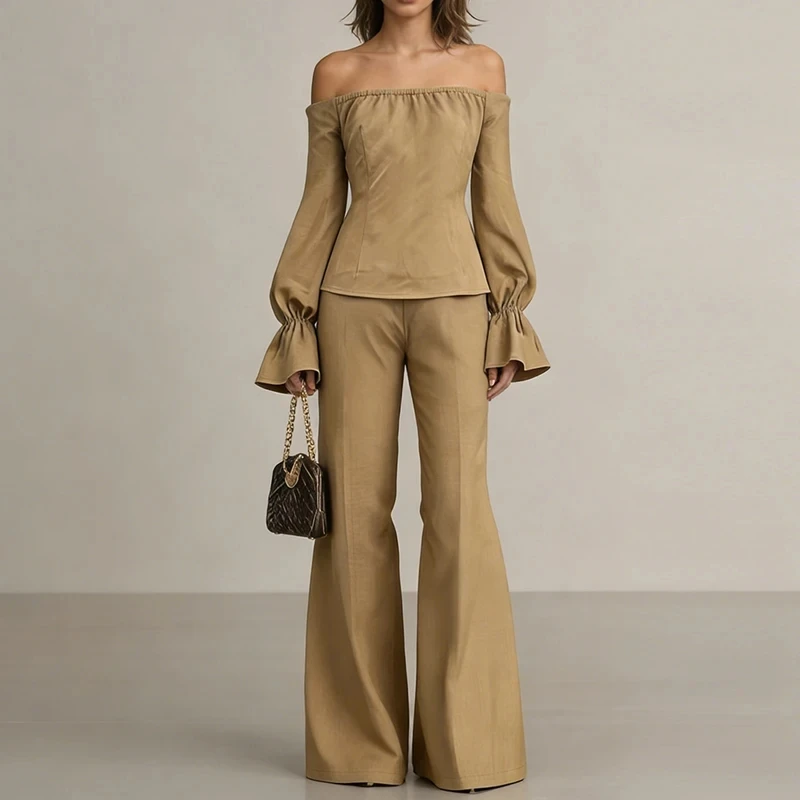 

Spring Summer New High Waist Pants Set New Puff Sleeve Off Shoulder Tops&Pants 2 Piece Set Lady Solid Color Slim Commute Outfits