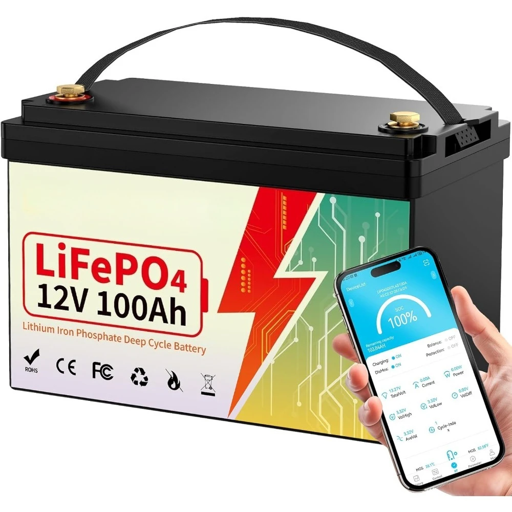 

12V 100Ah LiFePO4 Lithium Battery with Bluetooth, BCI Group 31, Smart 100A BMS, 15000 Deep Cycles Lithium Batteries