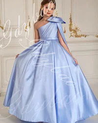 Sky Blue Satin Flower Girl Dress For Wedding One Shoulder With Bow Princess Kids Birthday Party First Communion Ball Gowns