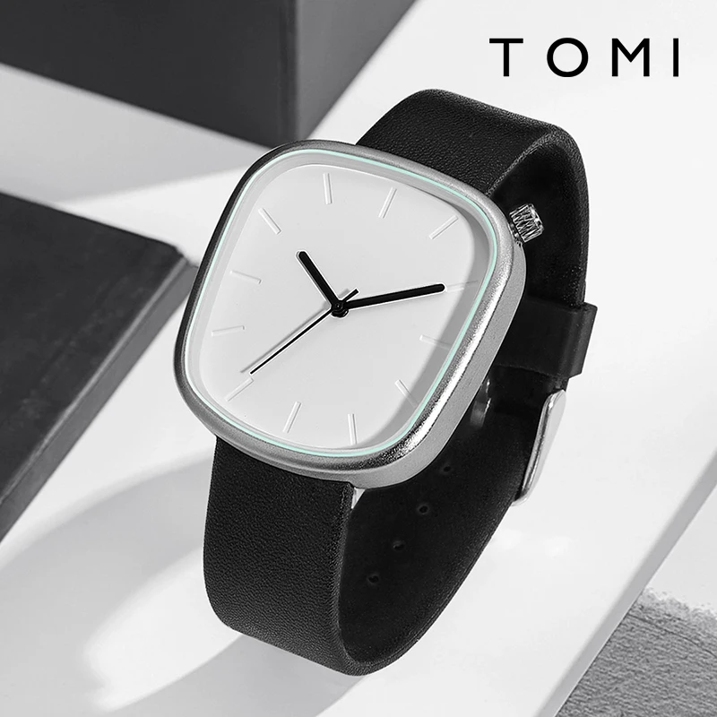 TOMI Men's Minimalist Watch Fashion Versatile Men's and Women's Square Watch Scale Black and White Premium Quartz Watch