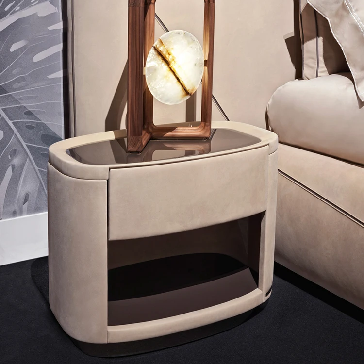 

Luxury Wood Bedside Table Brown Microfiber Leather Bedside Table MDF Hotel Nightstands