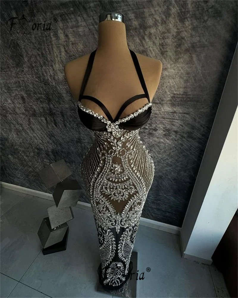 Luxury Full Crystals Stones Party Dresses Halter Neckline Stunning Beading Floor Length Formal Evening Dress Celebrity Ceremony