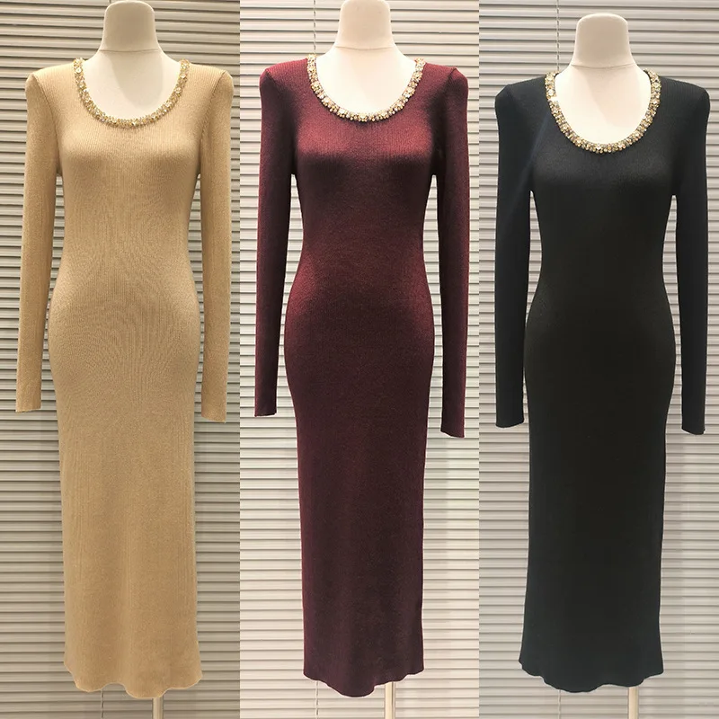 

Ele Knitted Dr round Ne Heavy Embroidery Flower Beads Elastici Lady Sle Autumn New Arrival Women's Dr