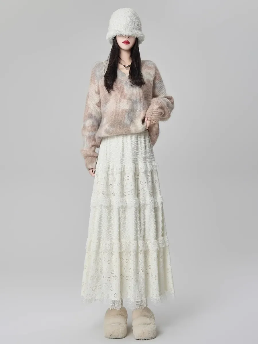 لطيف الرياح عالية الخصر ألف خط الدانتيل الربط تنورة طويلة المرأة خرافة كعكة تنورة منتصف طول ميدي تنورة لخريف شتاء #5