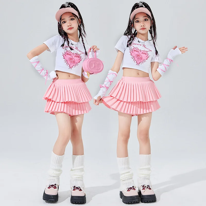 Vestito da ballo hip-hop rosa per bambini Maglietta con stampa a cuore dolce Gonna tutu a strati Bambini Kpop Costume di scena Show Wear Jazz Street